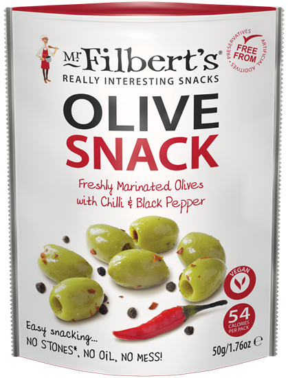 Picture of FILBERTS GREEN OLIVES CHILLI & BLACK PEPPER 50gX12