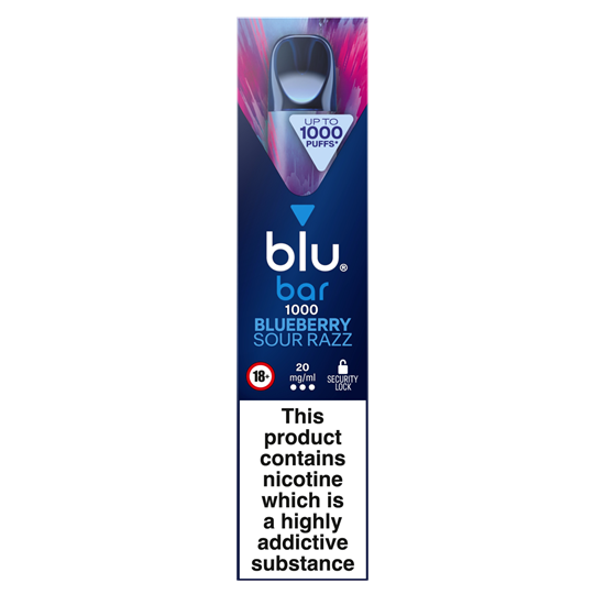 Picture of BLU BAR 1000 BLUEBERRY SOUR RAZZ 20MG X 10  £5 OFF