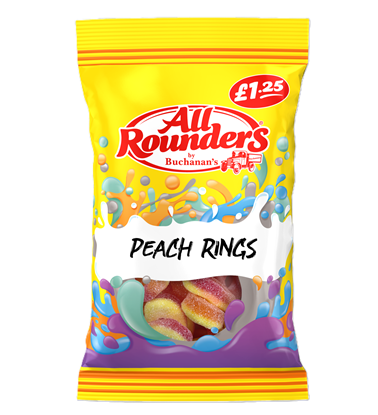 Picture of PM £1.25 ALL ROUNDERS PEACH RINGS 110G X 12